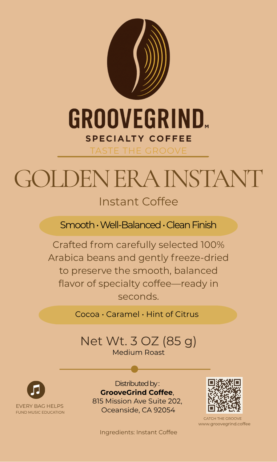 Golden Era Instant coffee by GrooveGrind, medium roast 3 oz pouch