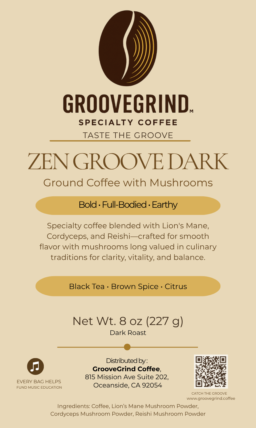Zen Groove Dark ground mushroom coffee by GrooveGrind, dark roast 8 oz pouch