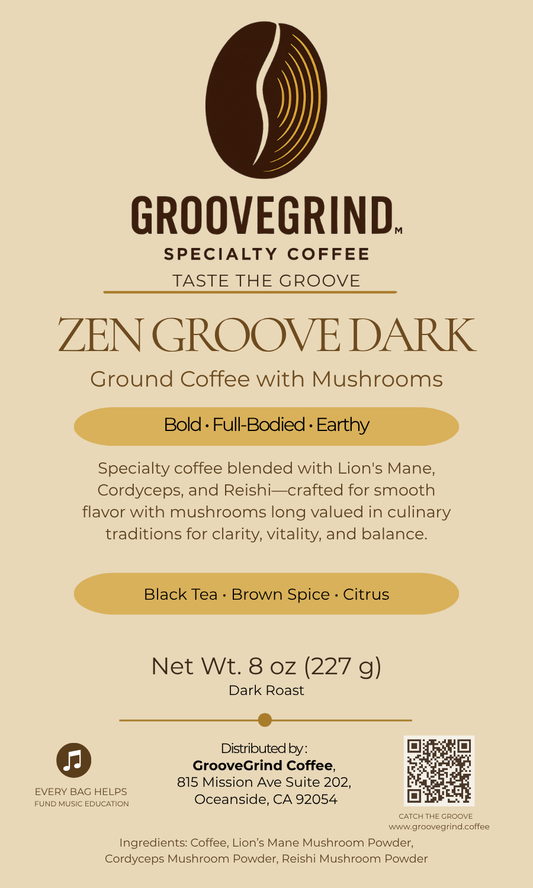 Zen Groove Dark ground mushroom coffee by GrooveGrind, dark roast 8 oz pouch