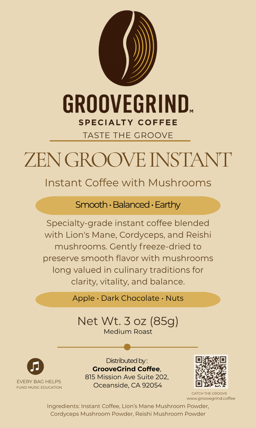 Zen Groove Instant mushroom coffee by GrooveGrind, 3 oz pouch
